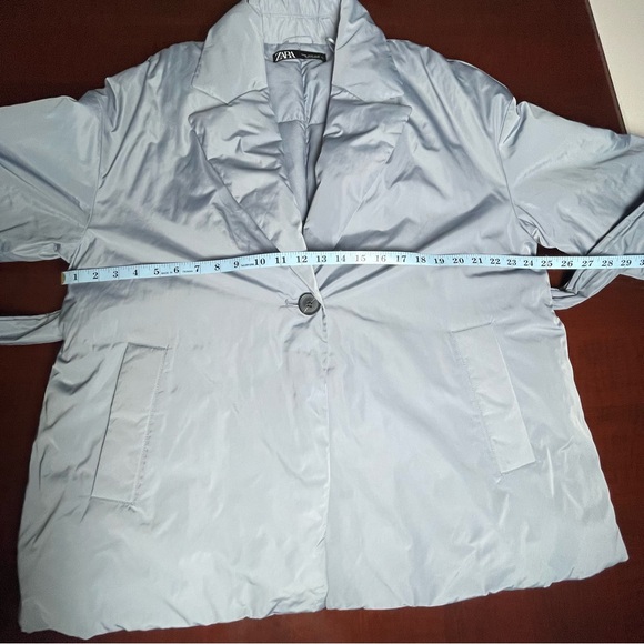 ZARA Padded Blazer Style Jacket with Belt Dusty Blue Quilted Puffer Coat Size XL - Picture 7 of 14